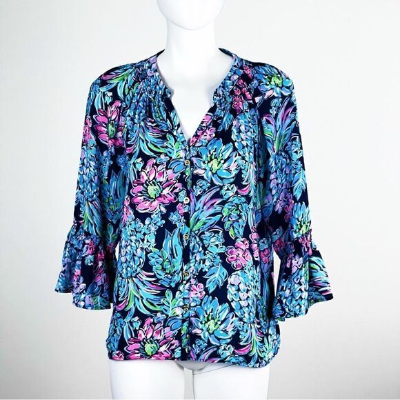 Lilly Pulitzer Women's Dakota Blouse Top In Pineapple Paradise Size S - Picture 4 of 11